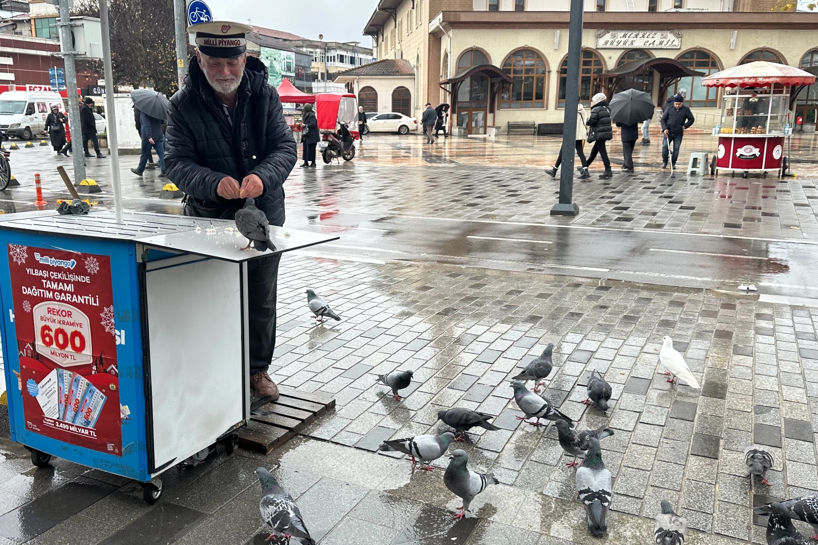 Düzce’de bir seyyar ‘talih kuşu’ bayii güvercinleri kendi elleriyle besledi.